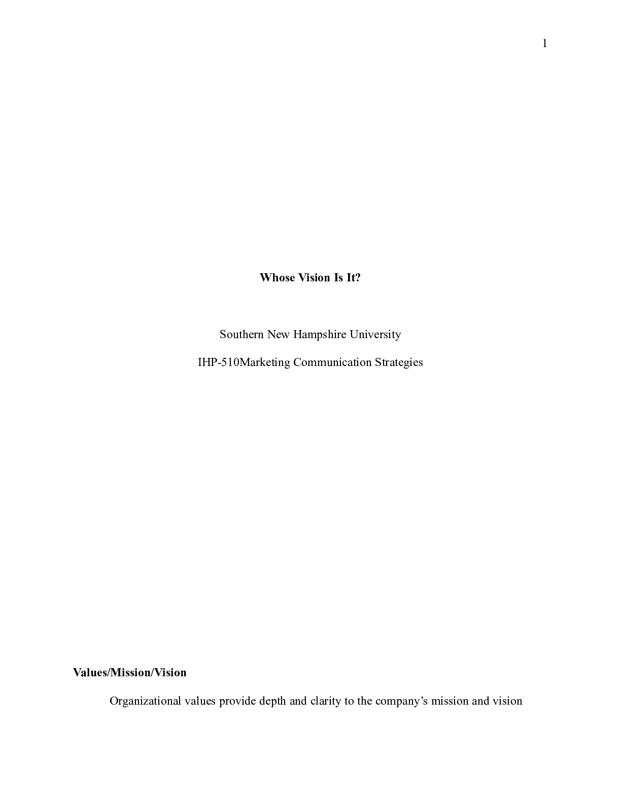 Preview image for IHP 510 Marketing Exercise Whose Vision Is It|    Whose Vision Is It?  Southern New Ha